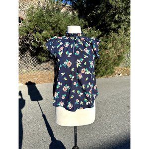 SIENNA Sky Blouse Small Blue Floral Ruffle keyhole Cap Sleeve Top Flowy Womens